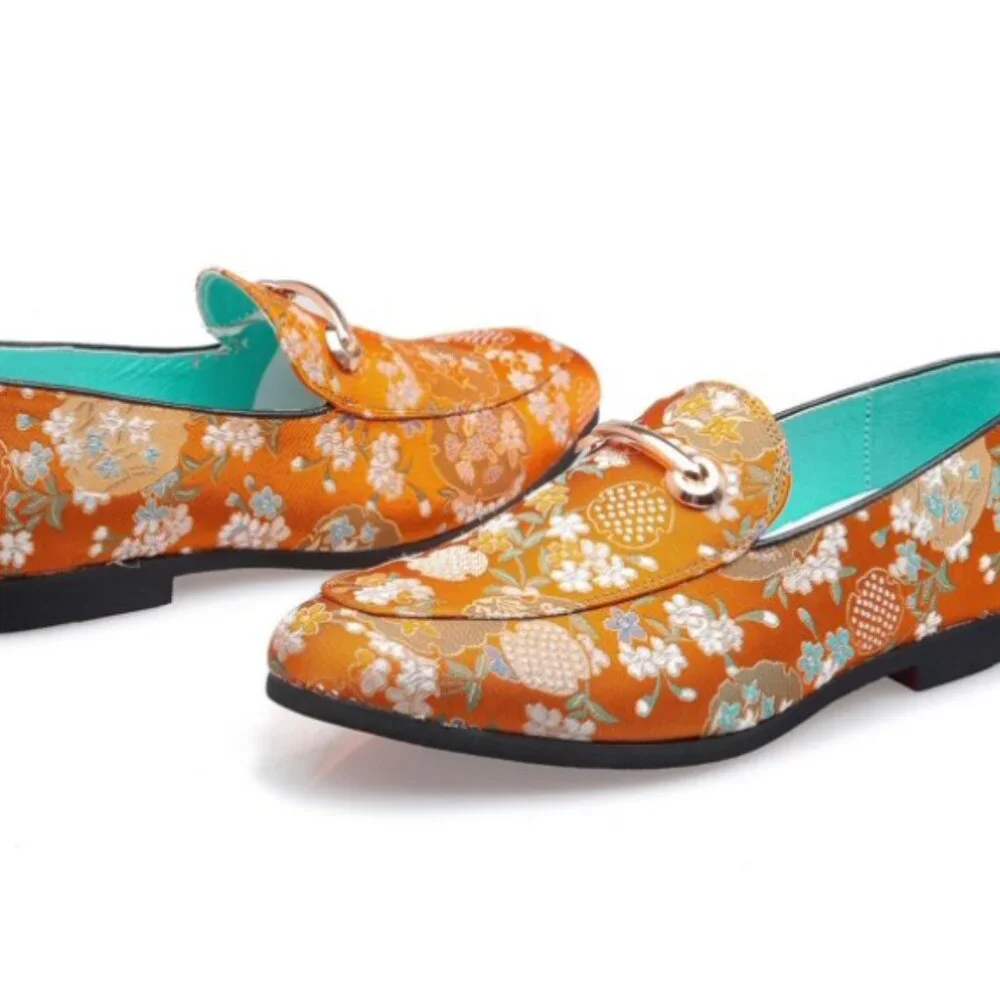Santimon Men's US 12.5 Orange Floral Embroidery Loafers with Gold Buckle Stylish